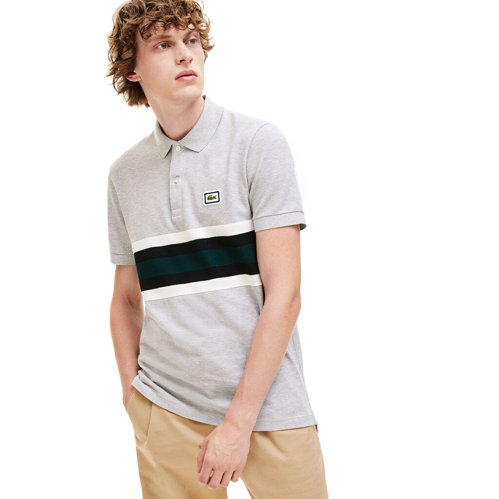 Mens   Regular Fit Thick Cotton Piqué Polo Shirt | Lacoste Grey Chine / White / Black / Green • 24N