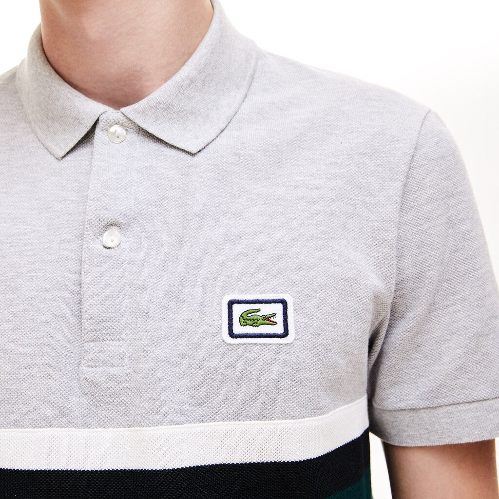 Mens   Regular Fit Thick Cotton Piqué Polo Shirt | Lacoste Grey Chine / White / Black / Green • 24N