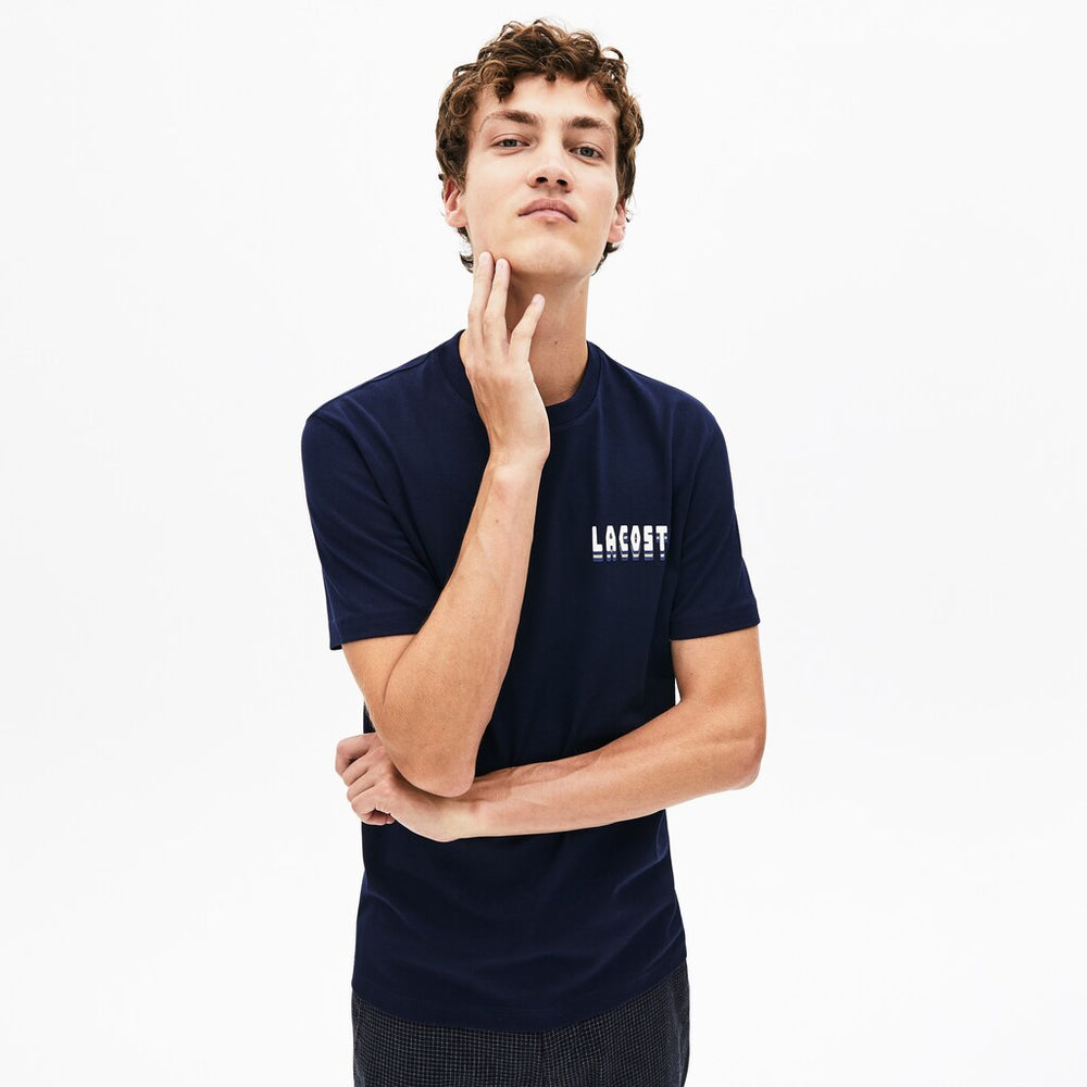Mens   Crewneck 3D-Lettering Cotton T-Shirt | Lacoste Navy Blue • 166