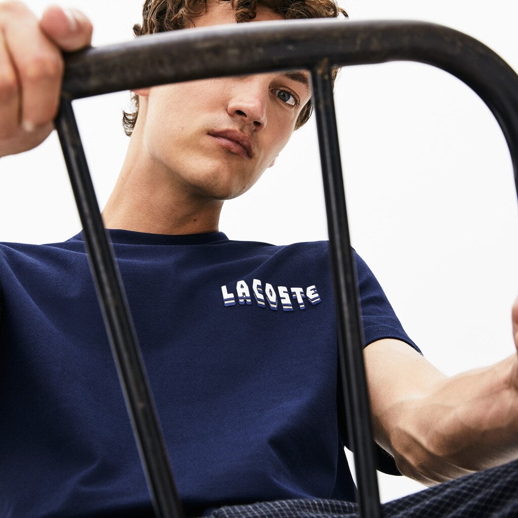 Mens   Crewneck 3D-Lettering Cotton T-Shirt | Lacoste Navy Blue • 166