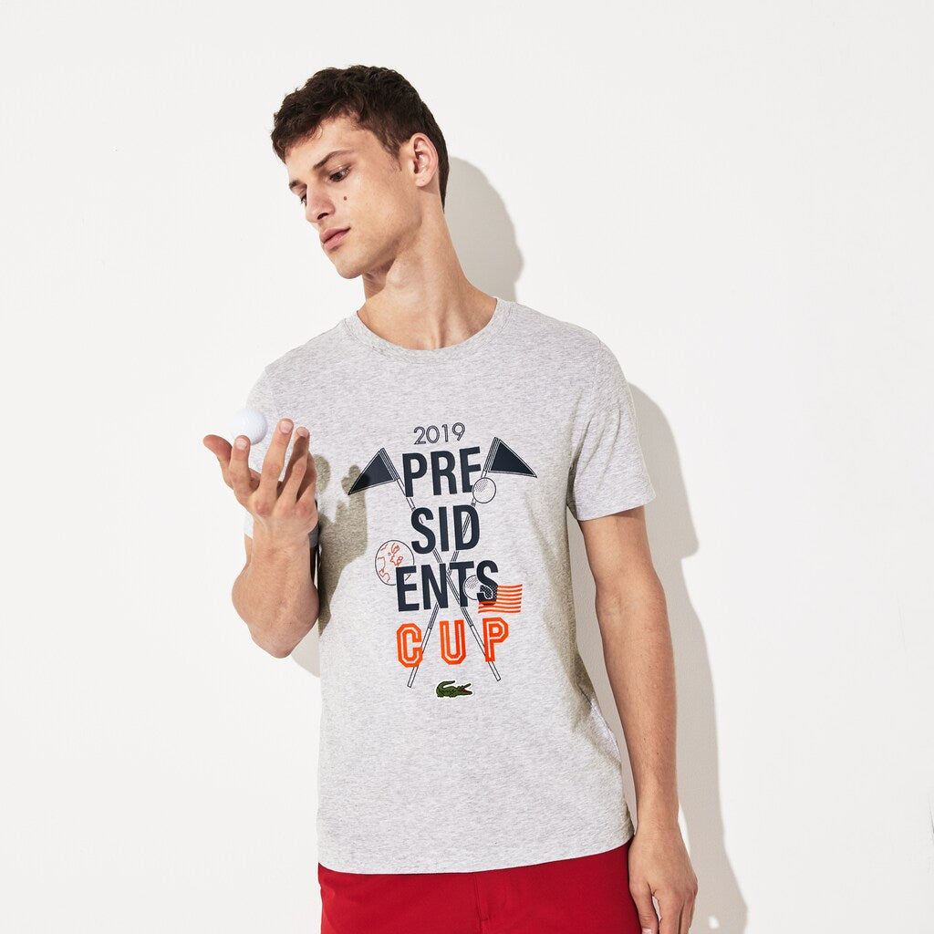 Mens   Presidents Cup Breathable Printed Cotton Blend Golf T-Shirt | Lacoste Grey Chine • Cca