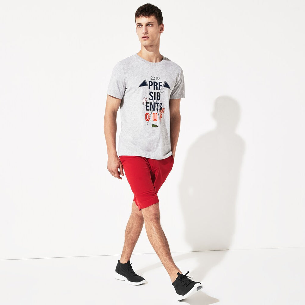 Mens   Presidents Cup Breathable Printed Cotton Blend Golf T-Shirt | Lacoste Grey Chine • Cca