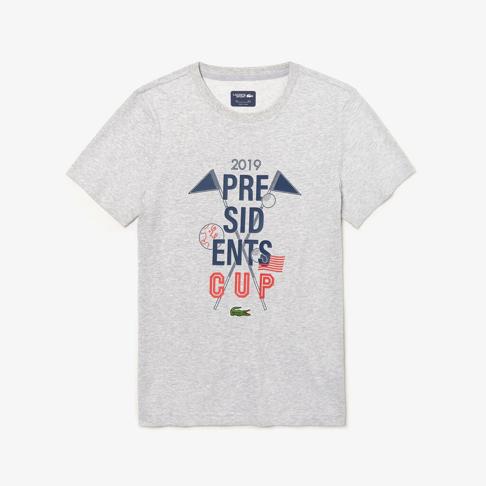 Mens   Presidents Cup Breathable Printed Cotton Blend Golf T-Shirt | Lacoste Grey Chine • Cca