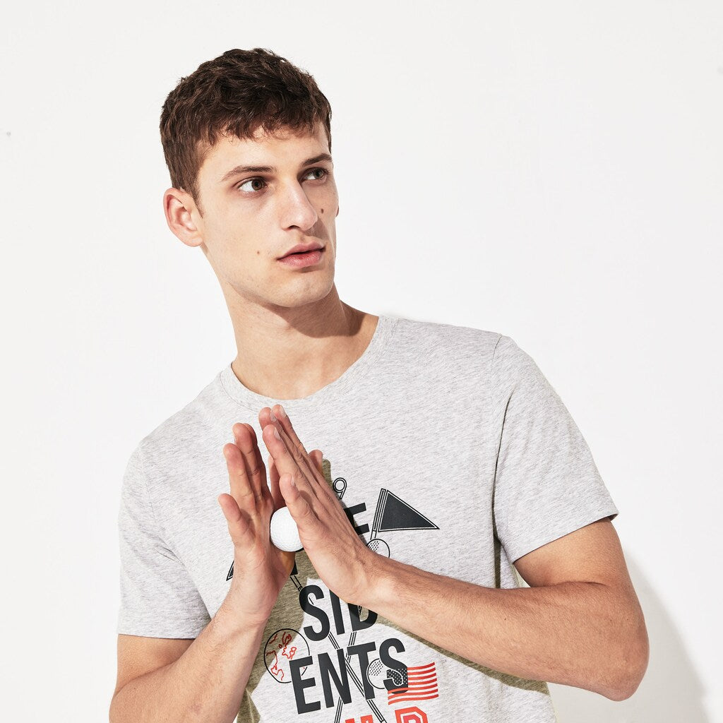 Mens   Presidents Cup Breathable Printed Cotton Blend Golf T-Shirt | Lacoste Grey Chine • Cca