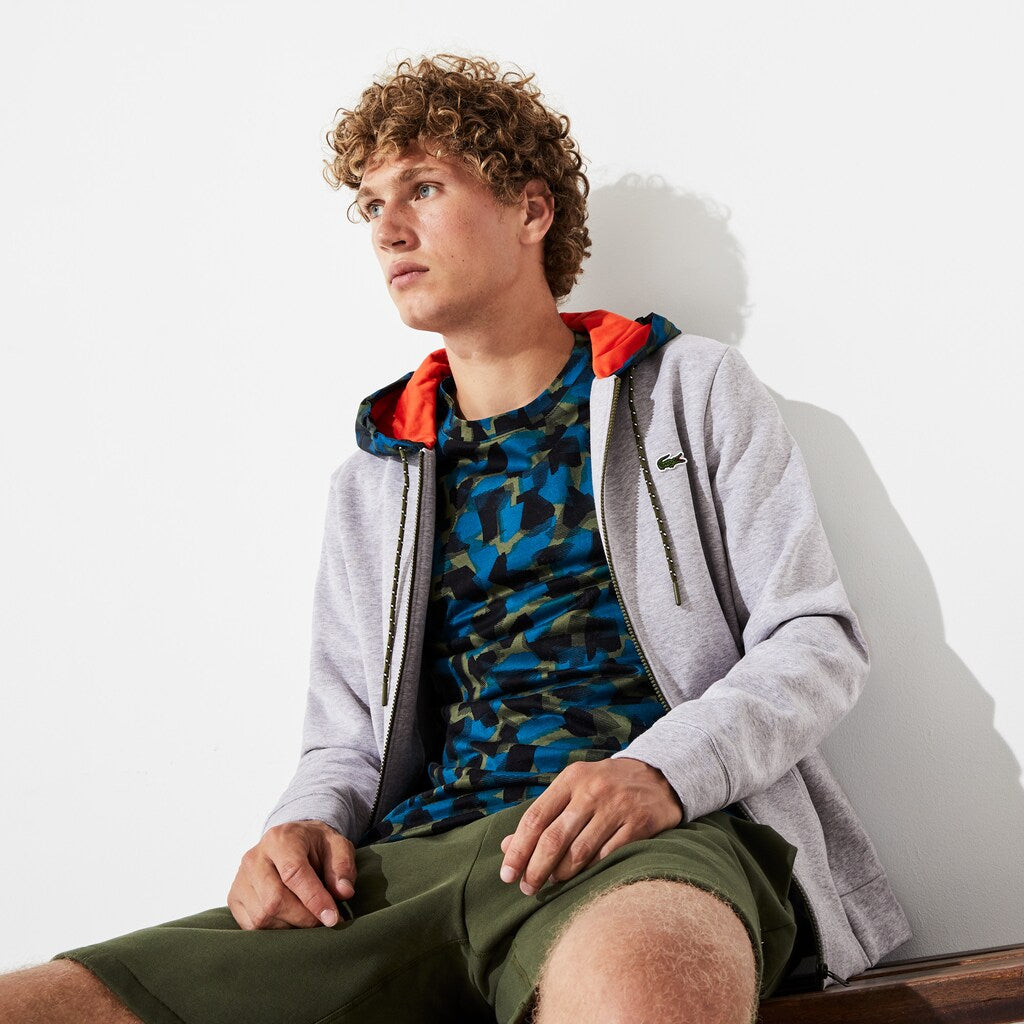 Mens   SPORT Contrast Hood Fleece Zip Sweatshirt | Lacoste Grey Chine / Black / Blue / Khaki Green / Orange • 4Hv