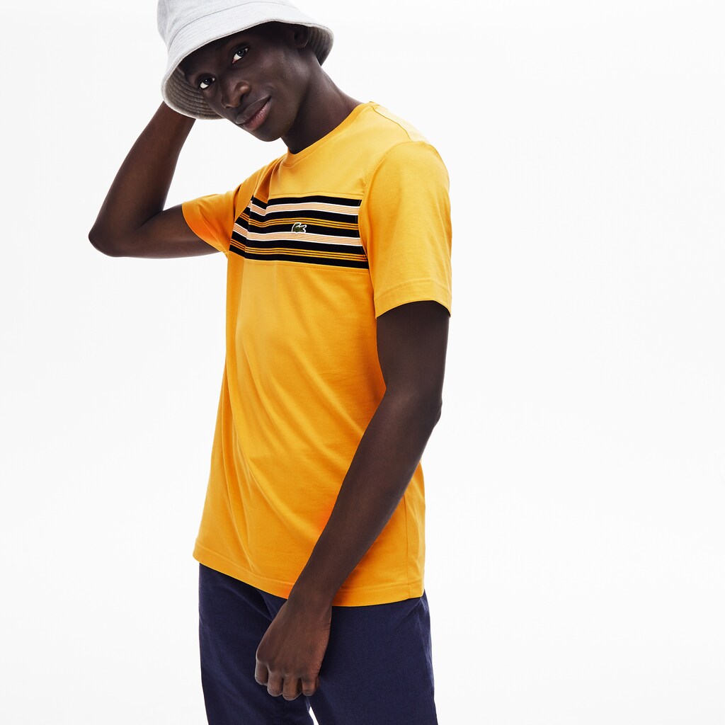 Mens   Crew Neck Striped Panel Cotton T-shirt | Lacoste Yellow • 4Bw