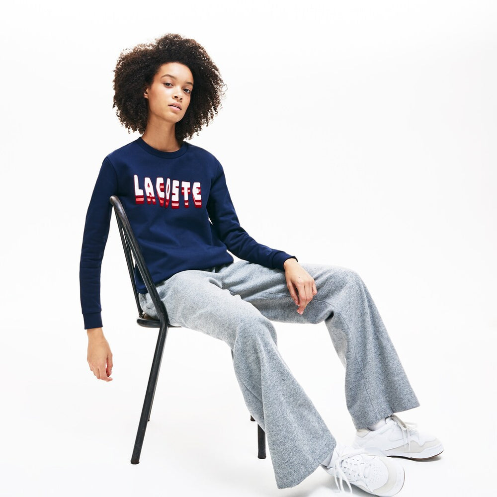 Womens Wo  Crewneck 3D-Lettering Cotton Blend Fleece Sweatshirt | Lacoste Navy Blue • 166