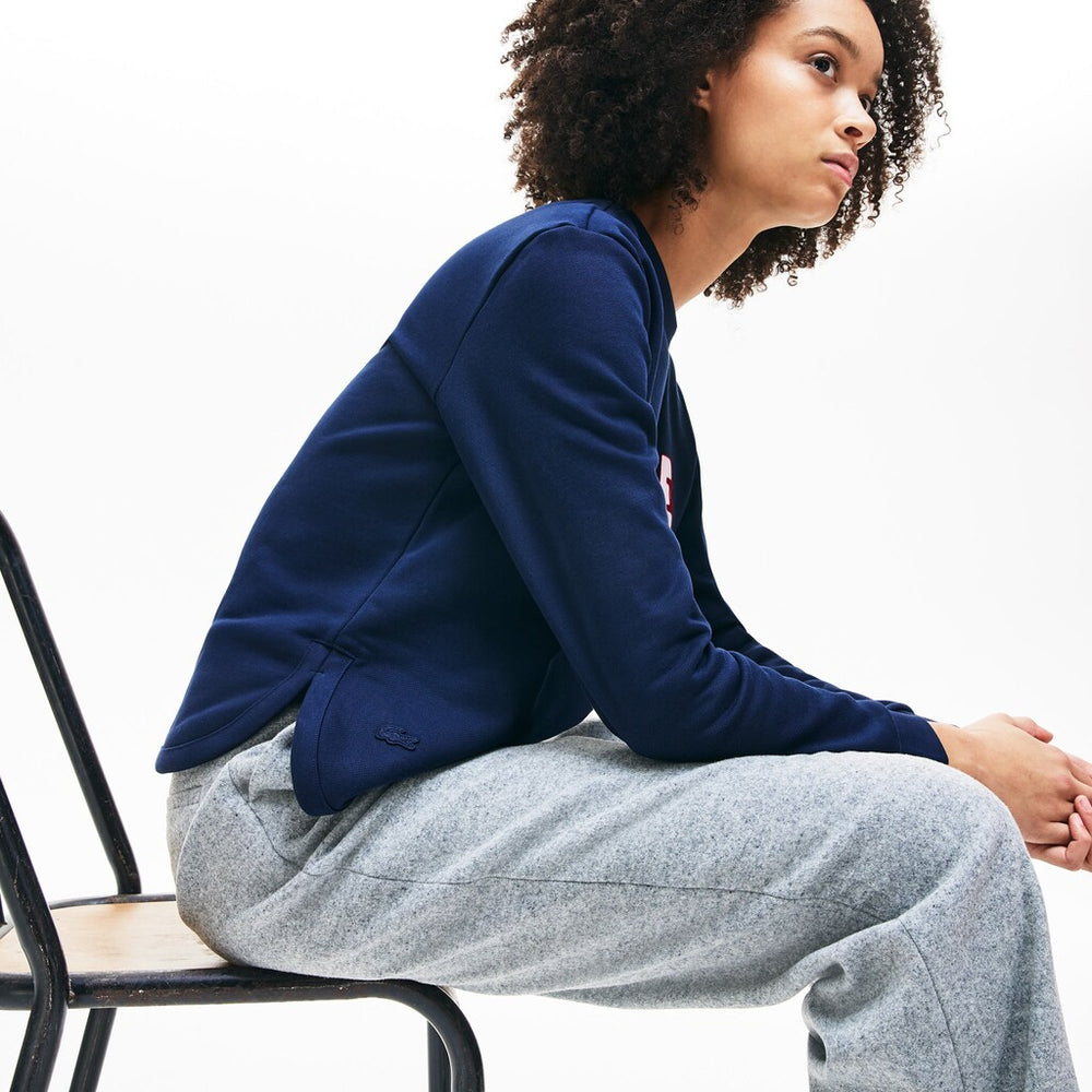 Womens Wo  Crewneck 3D-Lettering Cotton Blend Fleece Sweatshirt | Lacoste Navy Blue • 166