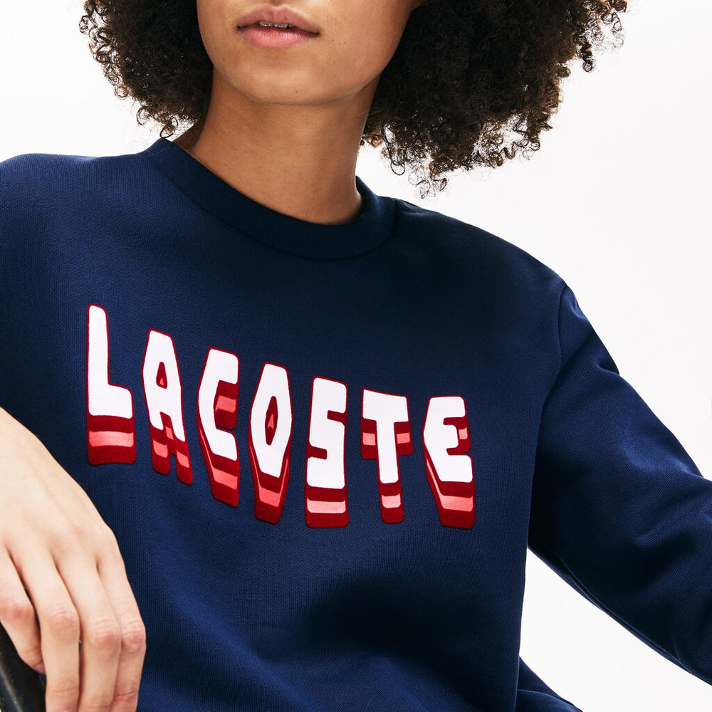 Womens Wo  Crewneck 3D-Lettering Cotton Blend Fleece Sweatshirt | Lacoste Navy Blue • 166