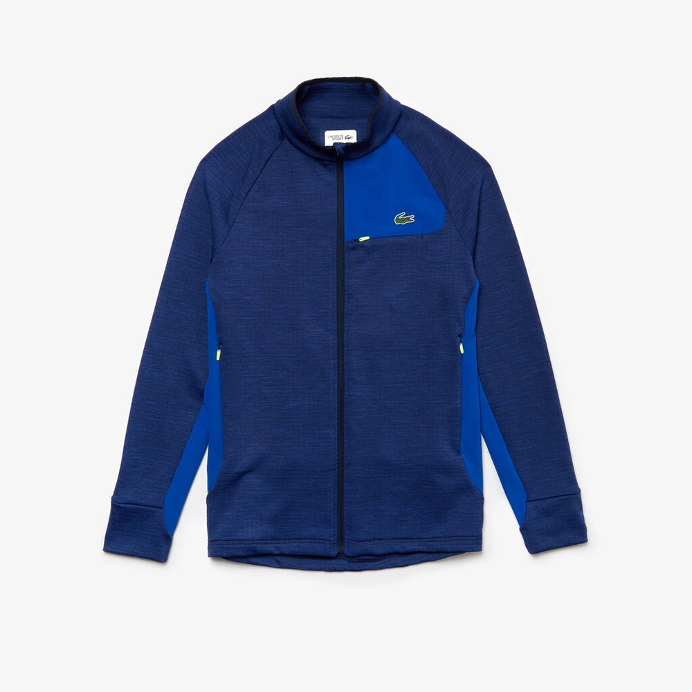 Mens   SPORT Breathable UV Protection Zip Sweatshirt | Lacoste Blue Chine / Blue / Flashy Yellow / Navy Blue • 4Be