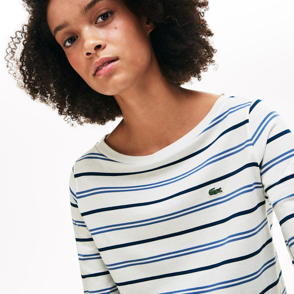 Womens Wo  Boat Neck Cotton Blend Sailor Shirt | Lacoste White / Blue / Navy Blue • 14V