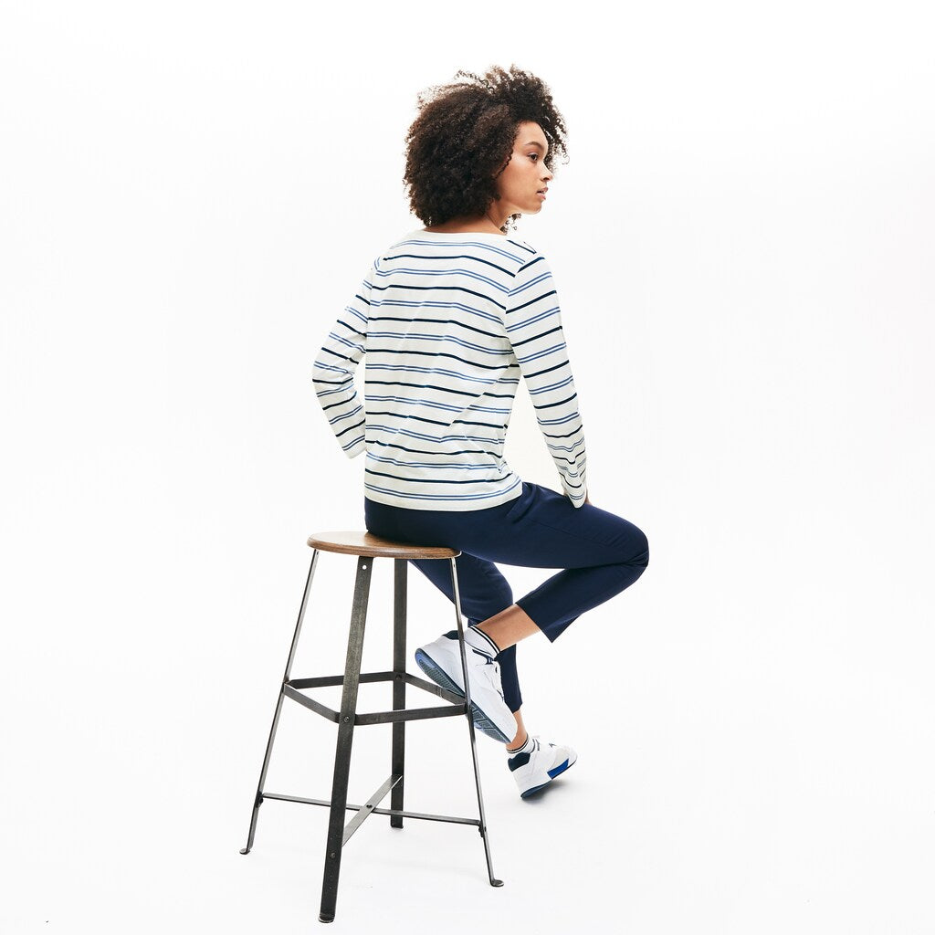 Womens Wo  Boat Neck Cotton Blend Sailor Shirt | Lacoste White / Blue / Navy Blue • 14V