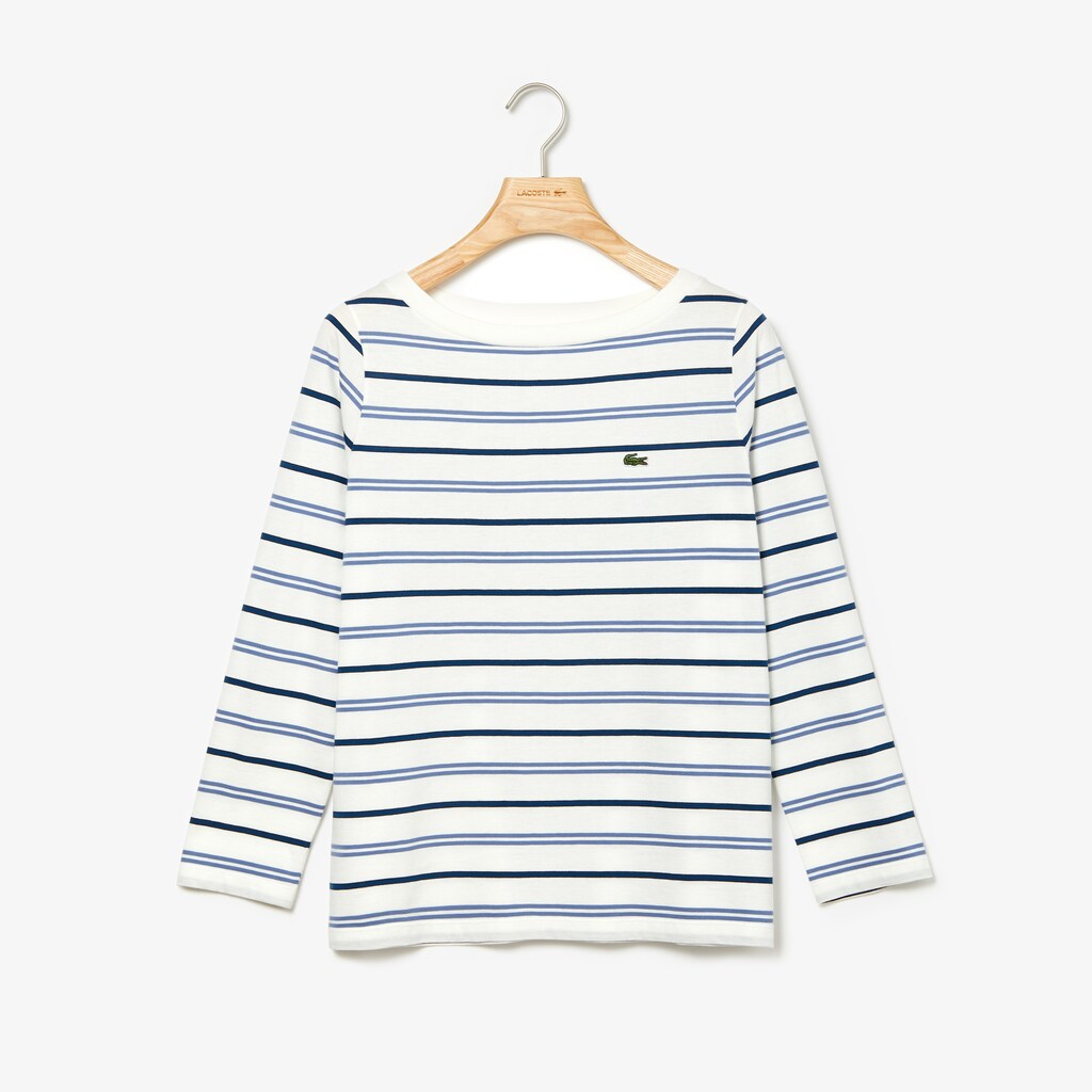 Womens Wo  Boat Neck Cotton Blend Sailor Shirt | Lacoste White / Blue / Navy Blue • 14V