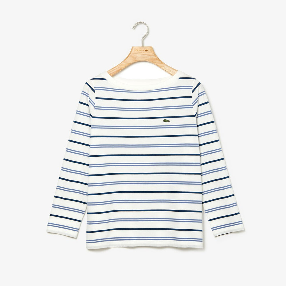 Womens Wo  Boat Neck Cotton Blend Sailor Shirt | Lacoste White / Blue / Navy Blue • 14V
