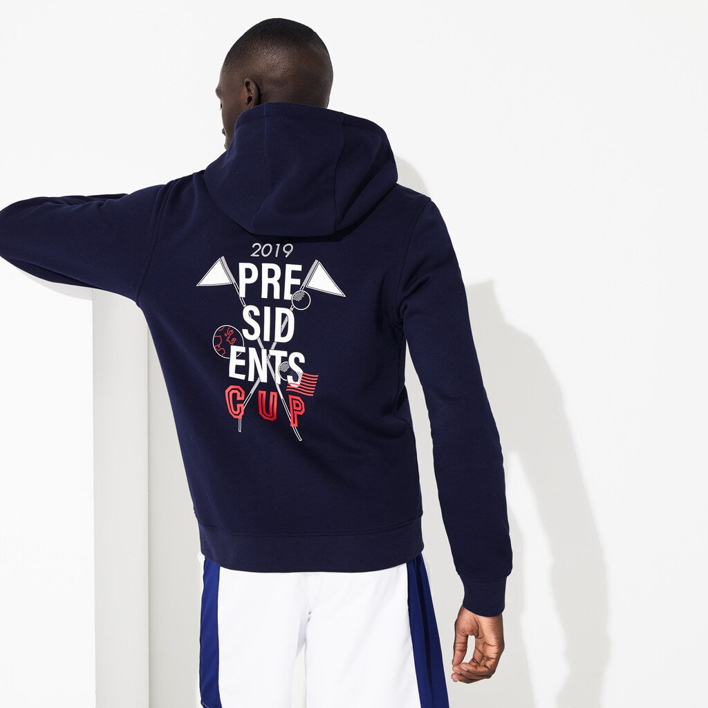 Mens   Presidents Cup Hooded Back-Printed Fleece Zip Golf Sweatshirt | Lacoste Navy Blue • 166