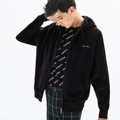 Mens   LIVE Signature Hooded Velvet Zip Sweatshirt | Lacoste Black • 031