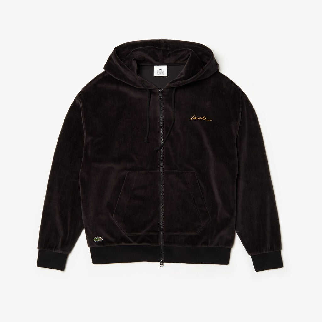 Mens   LIVE Signature Hooded Velvet Zip Sweatshirt | Lacoste Black • 031