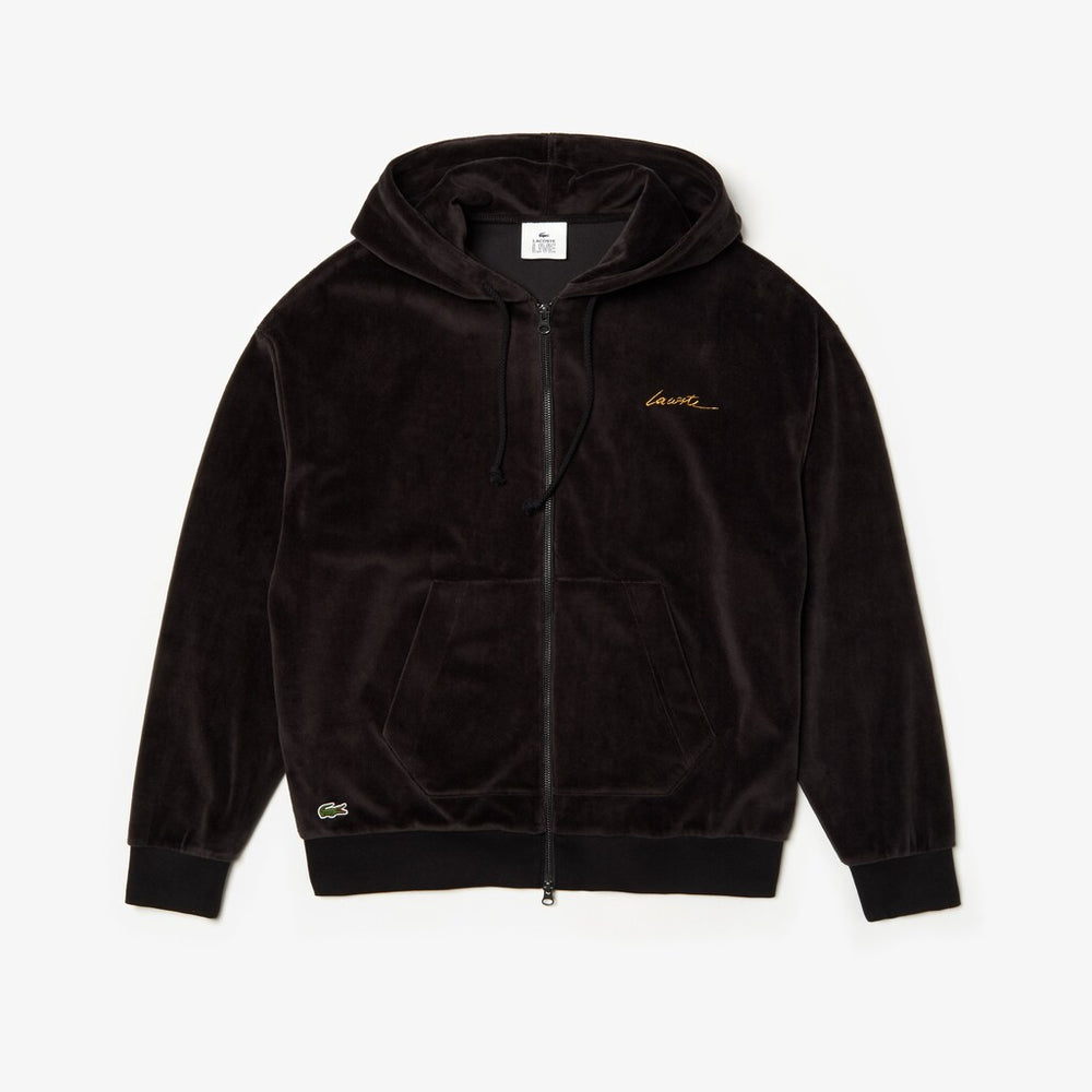 Mens   LIVE Signature Hooded Velvet Zip Sweatshirt | Lacoste Black • 031