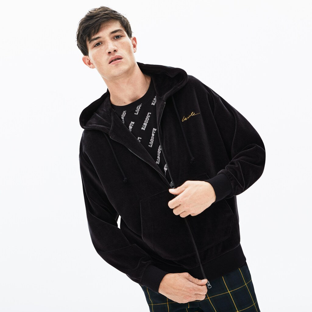 Mens   LIVE Signature Hooded Velvet Zip Sweatshirt | Lacoste Black • 031