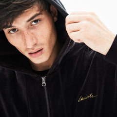Mens   LIVE Signature Hooded Velvet Zip Sweatshirt | Lacoste Black • 031