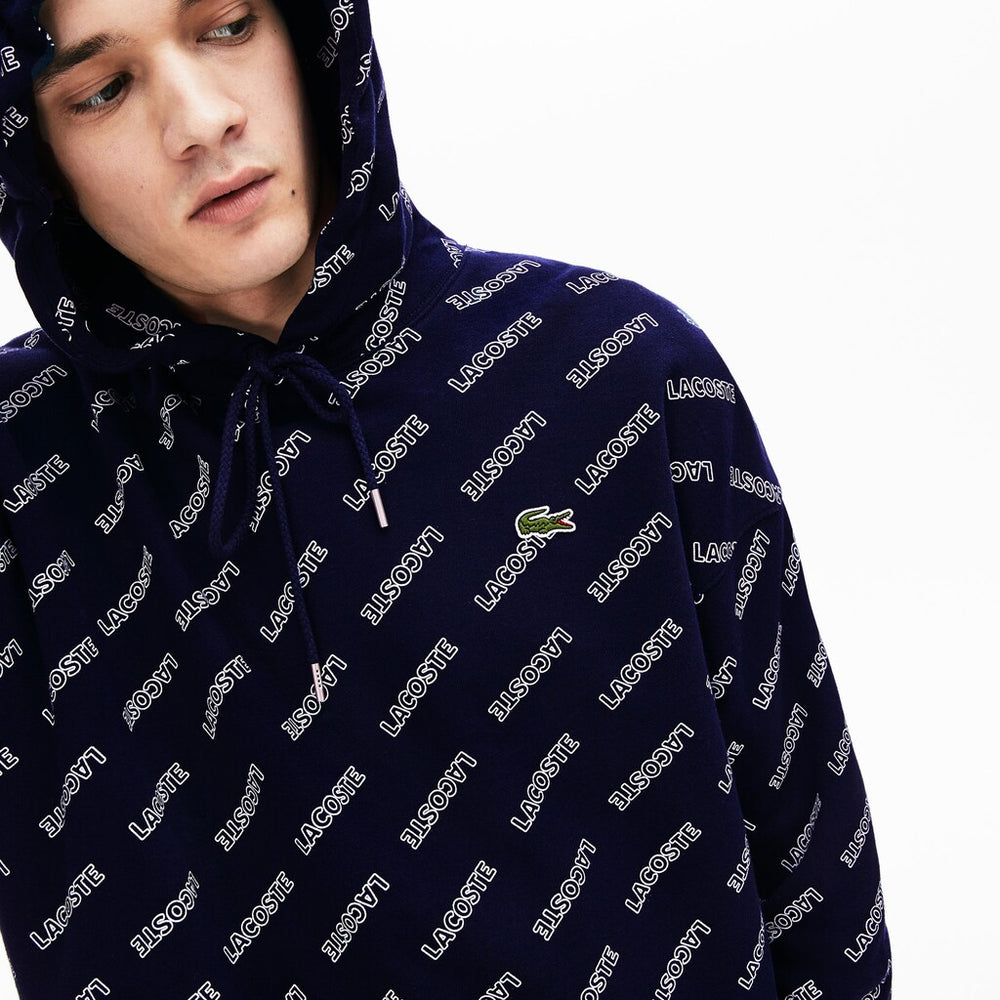 Mens   LIVE Hooded Signature Print Fleece Sweatshirt | Lacoste Navy Blue / White • 525