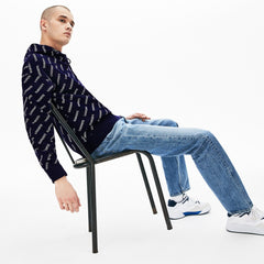 Mens   LIVE Hooded Signature Print Fleece Sweatshirt | Lacoste Navy Blue / White • 525