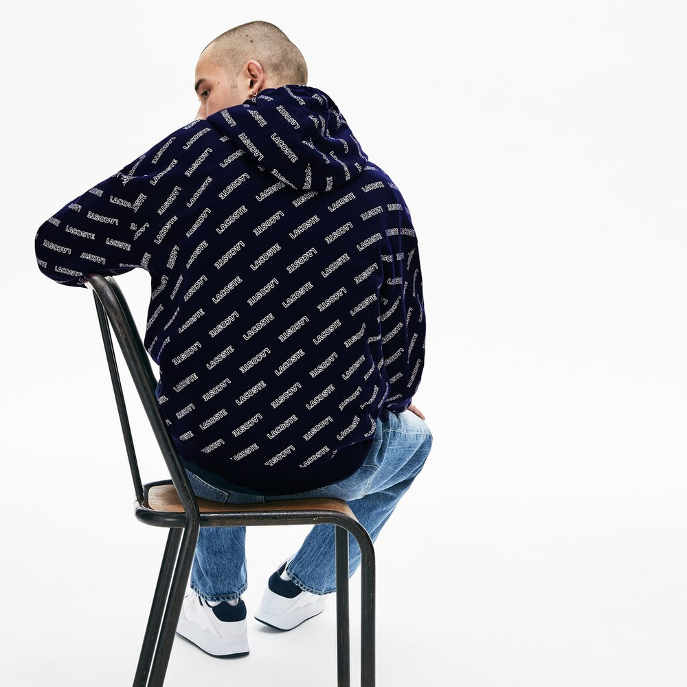 Mens   LIVE Hooded Signature Print Fleece Sweatshirt | Lacoste Navy Blue / White • 525