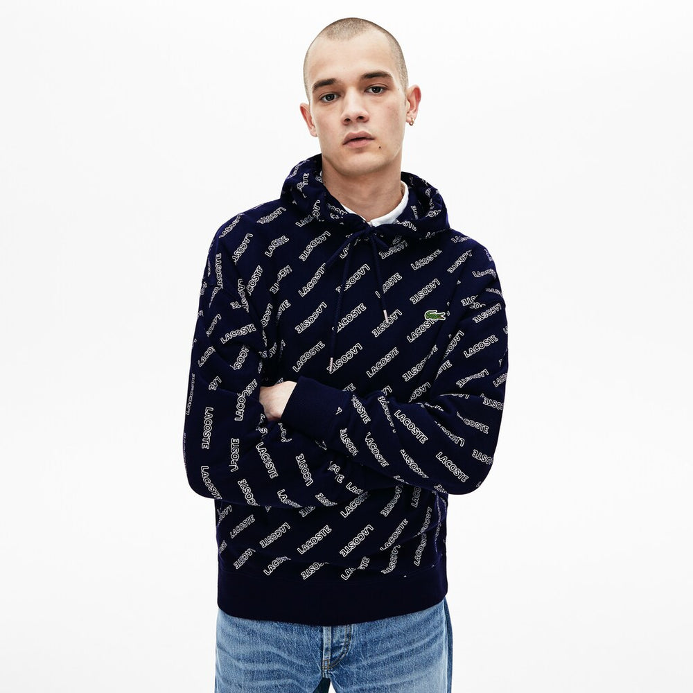 Mens   LIVE Hooded Signature Print Fleece Sweatshirt | Lacoste Navy Blue / White • 525