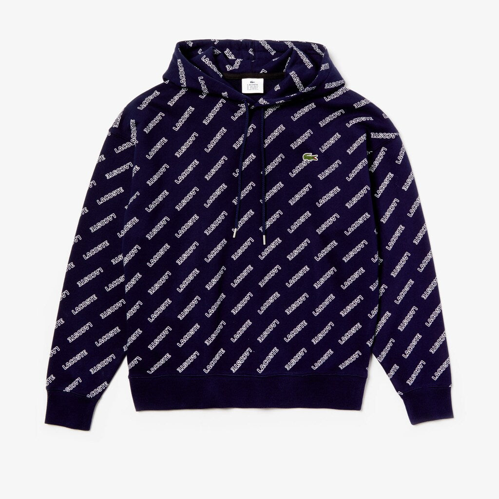 Mens   LIVE Hooded Signature Print Fleece Sweatshirt | Lacoste Navy Blue / White • 525