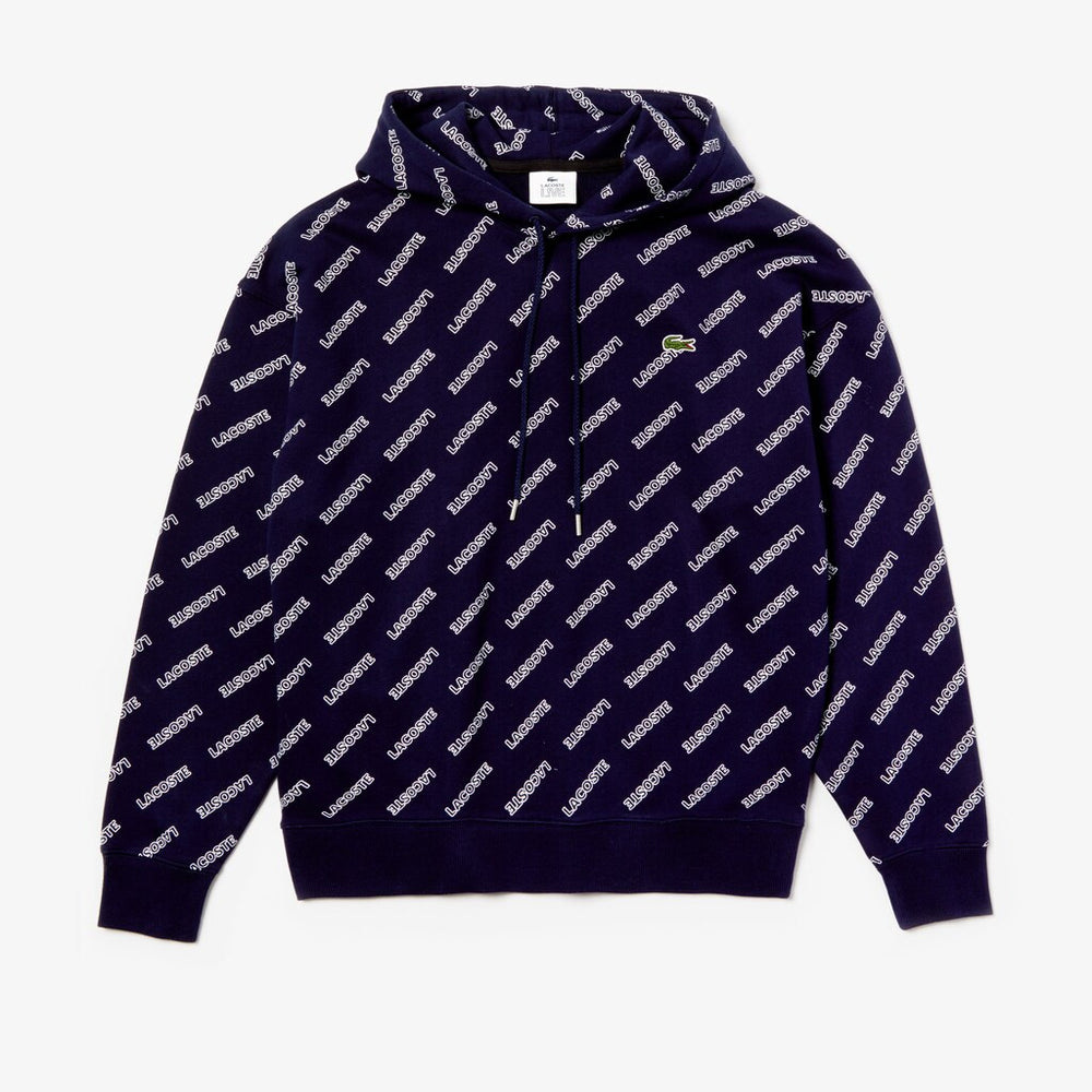 Mens   LIVE Hooded Signature Print Fleece Sweatshirt | Lacoste Navy Blue / White • 525