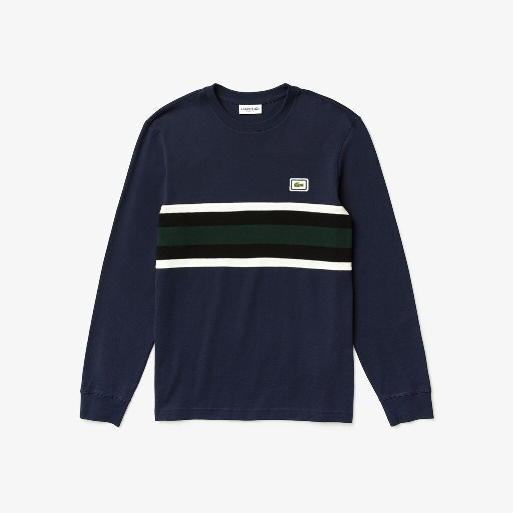 Mens   Crewneck Striped Cotton T-Shirt | Lacoste Navy Blue / White / Black / Green • 4Ca