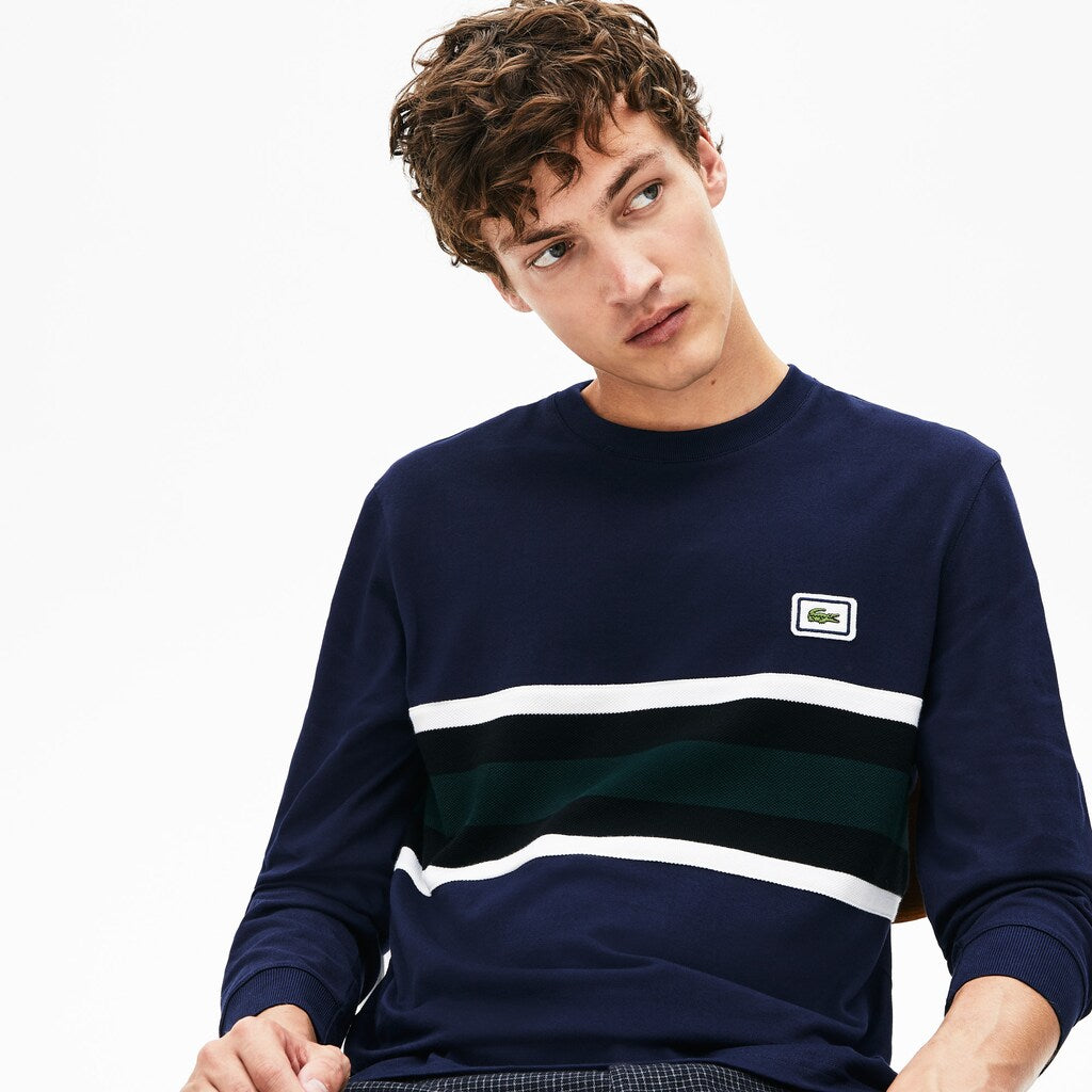Mens   Crewneck Striped Cotton T-Shirt | Lacoste Navy Blue / White / Black / Green • 4Ca