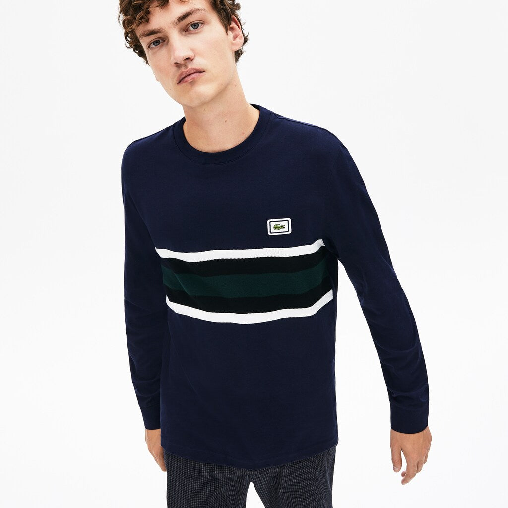 Mens   Crewneck Striped Cotton T-Shirt | Lacoste Navy Blue / White / Black / Green • 4Ca