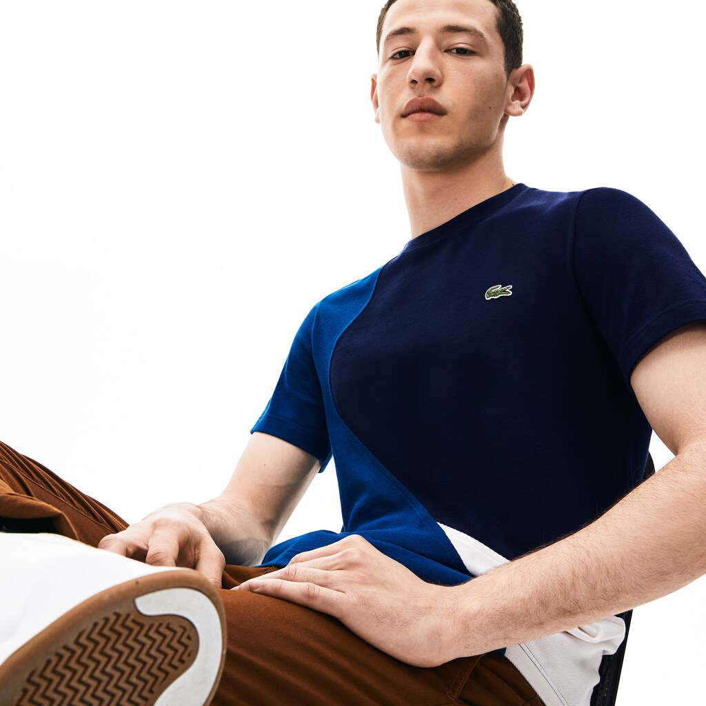 Mens   Crewneck Color-Blocked Thermoregulating Piqué T-Shirt | Lacoste Blue / White / Navy Blue • 225