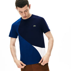 Mens   Crewneck Color-Blocked Thermoregulating Piqué T-Shirt | Lacoste Blue / White / Navy Blue • 225