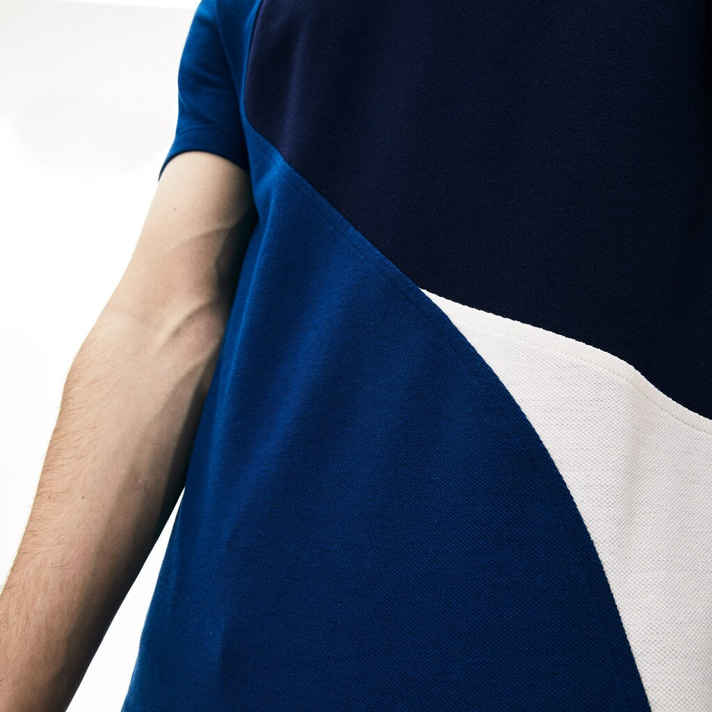 Mens   Crewneck Color-Blocked Thermoregulating Piqué T-Shirt | Lacoste Blue / White / Navy Blue • 225