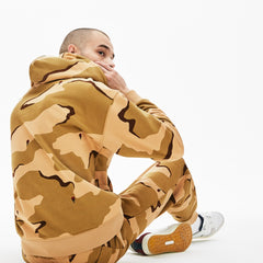 Mens   LIVE Hooded Camo Print Fleece Sweatshirt | Lacoste Beige / White • 2Ug