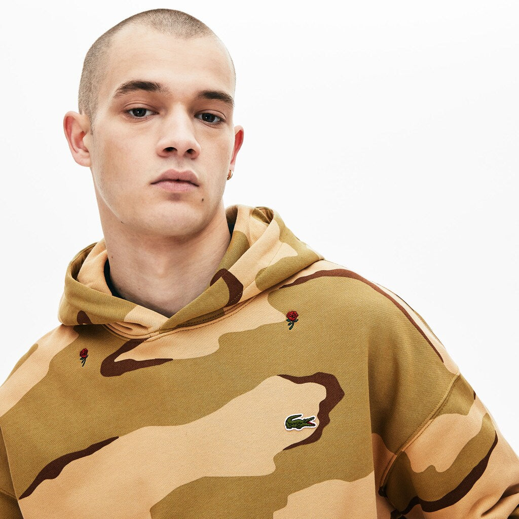 Mens   LIVE Hooded Camo Print Fleece Sweatshirt | Lacoste Beige / White • 2Ug