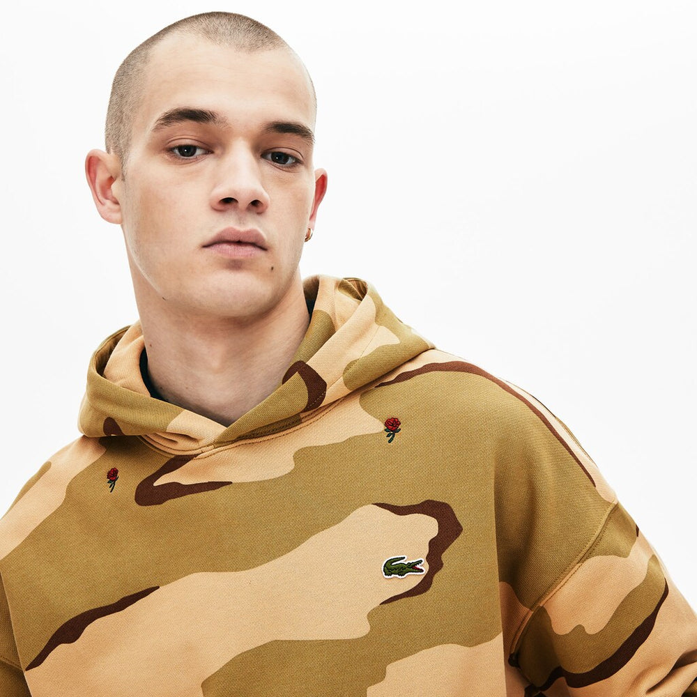Mens   LIVE Hooded Camo Print Fleece Sweatshirt | Lacoste Beige / White • 2Ug