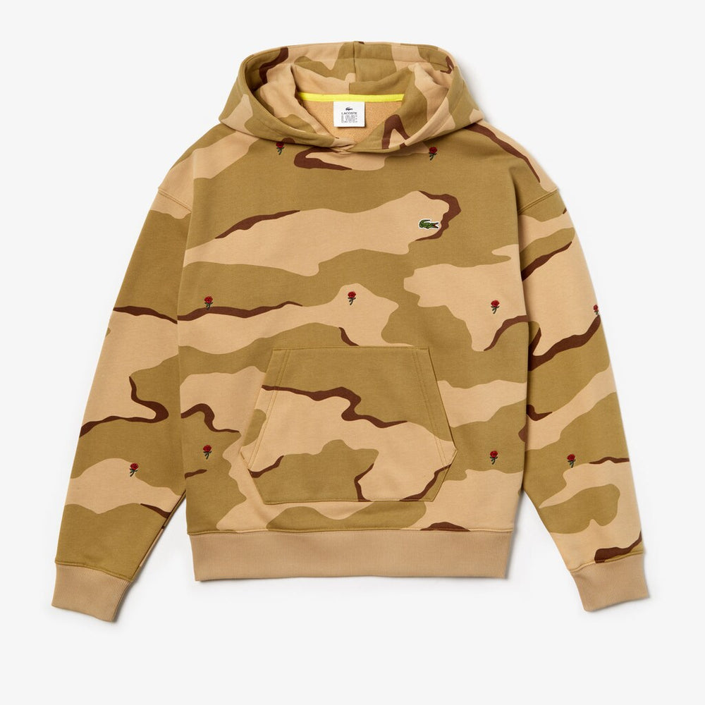 Mens   LIVE Hooded Camo Print Fleece Sweatshirt | Lacoste Beige / White • 2Ug
