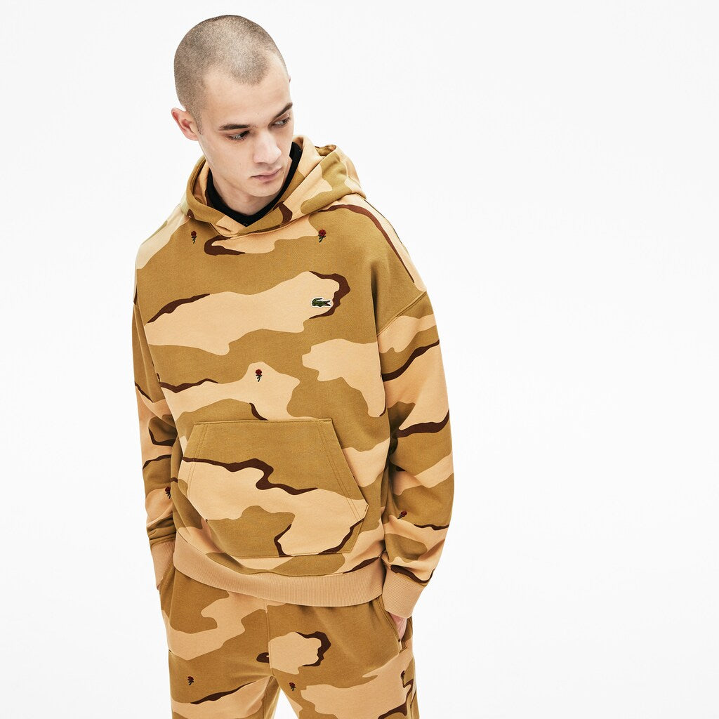 Mens   LIVE Hooded Camo Print Fleece Sweatshirt | Lacoste Beige / White • 2Ug