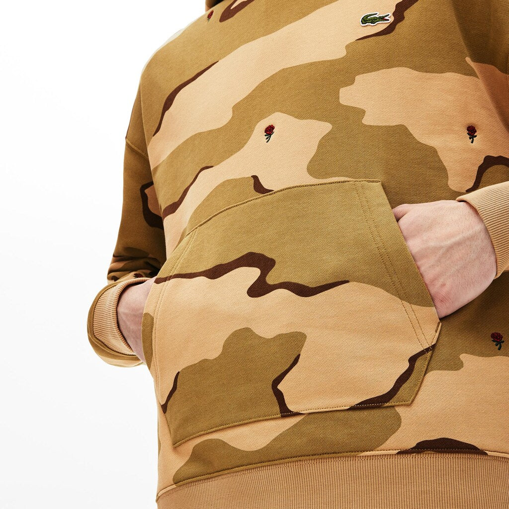 Mens   LIVE Hooded Camo Print Fleece Sweatshirt | Lacoste Beige / White • 2Ug