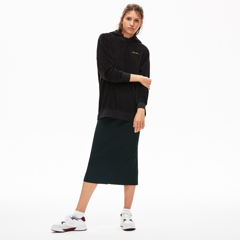 Womens Wo  LIVE Golden Signature Hooded Velvet Sweatshirt | Lacoste Black • 031