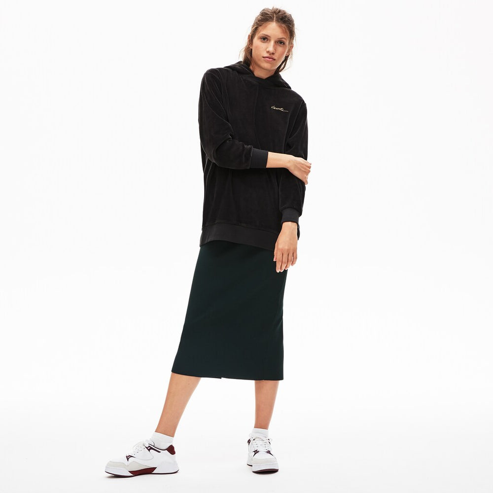 Womens Wo  LIVE Golden Signature Hooded Velvet Sweatshirt | Lacoste Black • 031