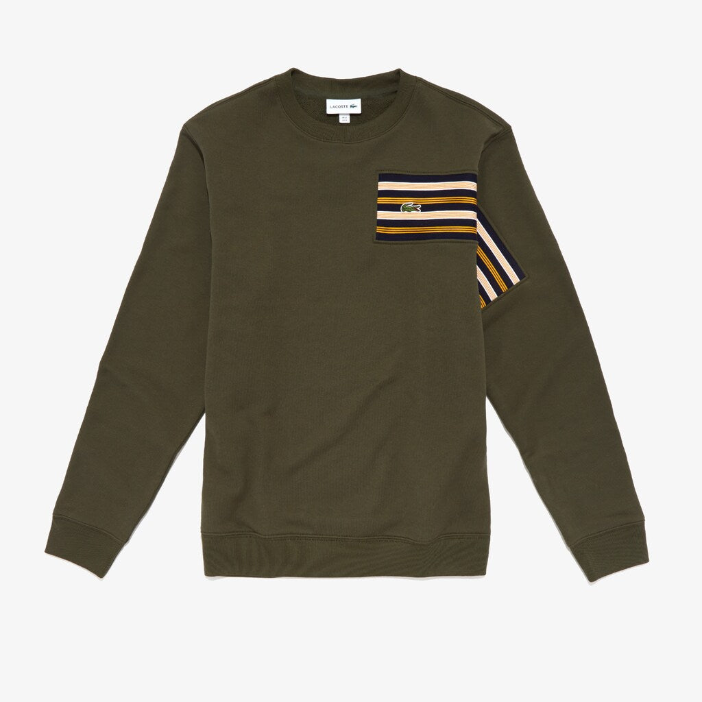 Mens   Striped Panel Cotton Fleece Sweatshirt | Lacoste Khaki Green • S7T