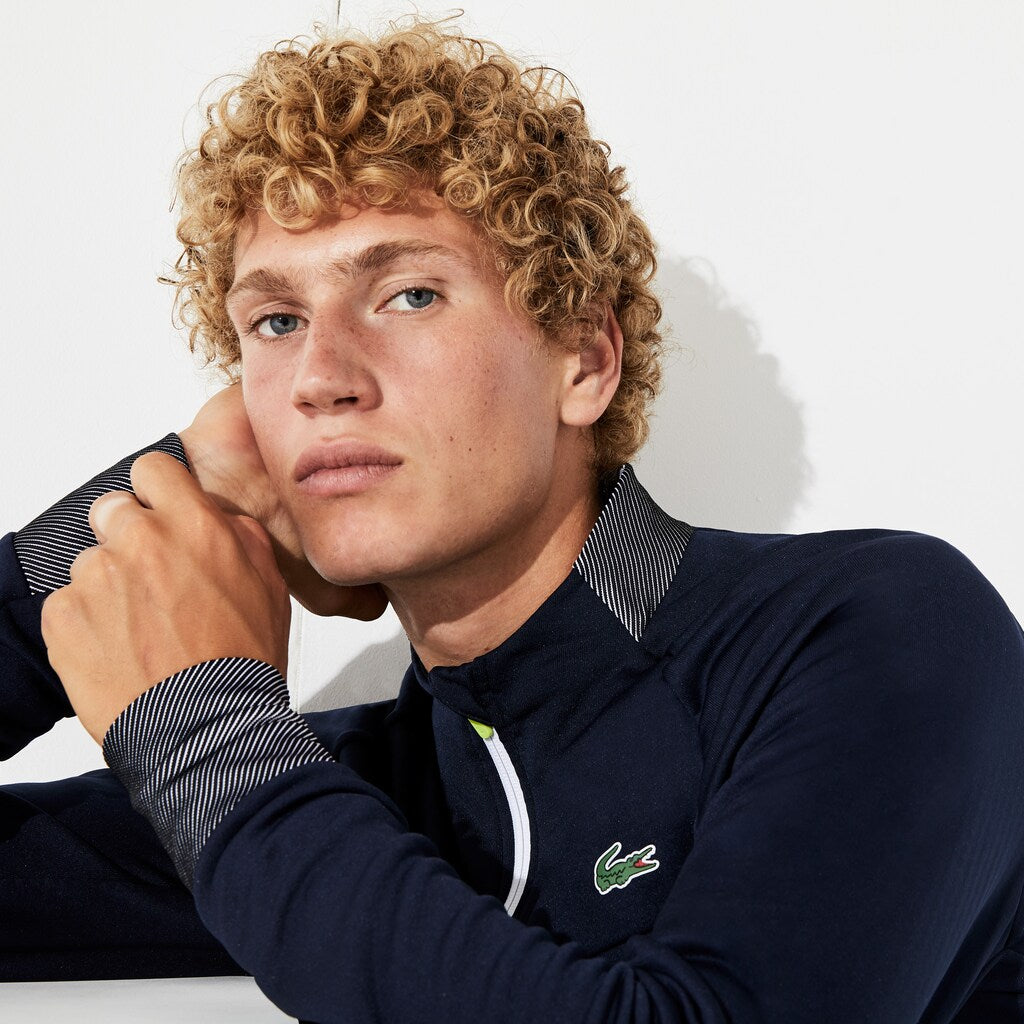 Mens   SPORT Breathable UV Protection Golf Sweatshirt | Lacoste Navy Blue / White / Flashy Yellow • 44W