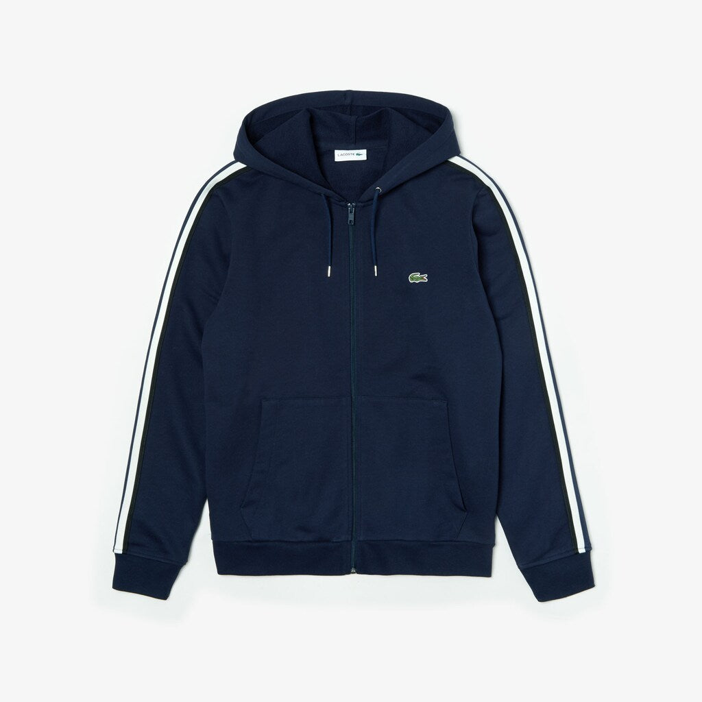 Mens   Striped-Sleeve Hooded Zip Fleece Sweatshirt | Lacoste Navy Blue • 166