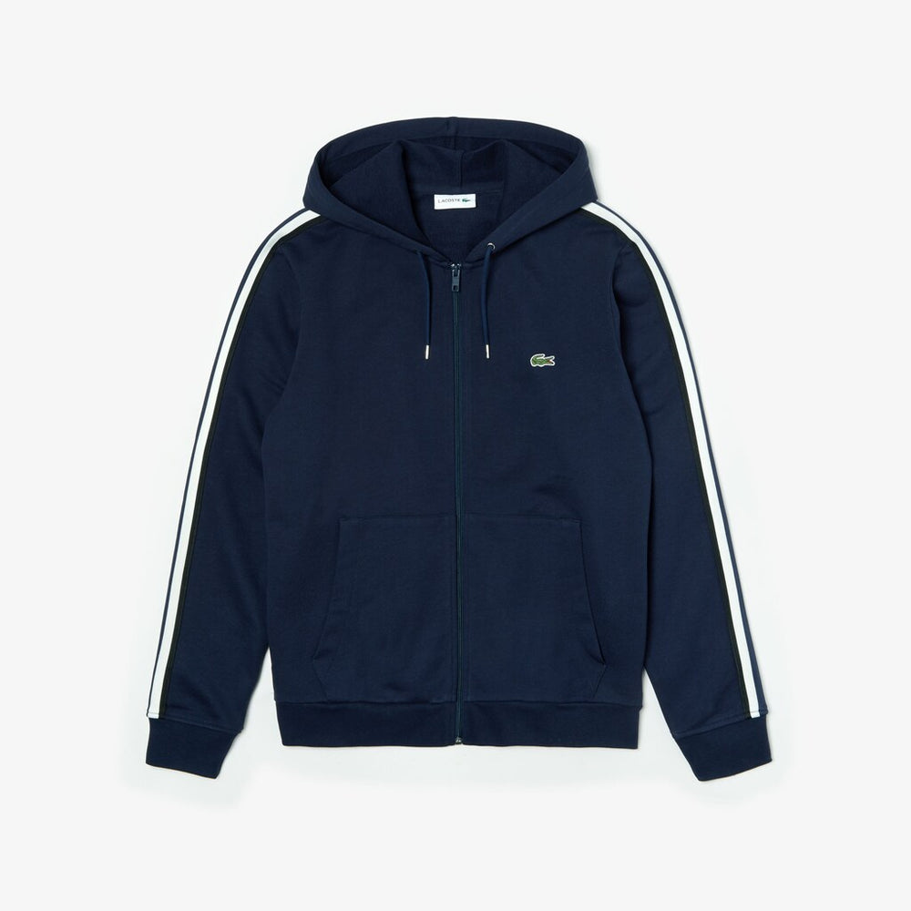 Mens   Striped-Sleeve Hooded Zip Fleece Sweatshirt | Lacoste Navy Blue • 166