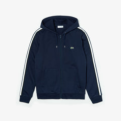 Mens   Striped-Sleeve Hooded Zip Fleece Sweatshirt | Lacoste Navy Blue • 166