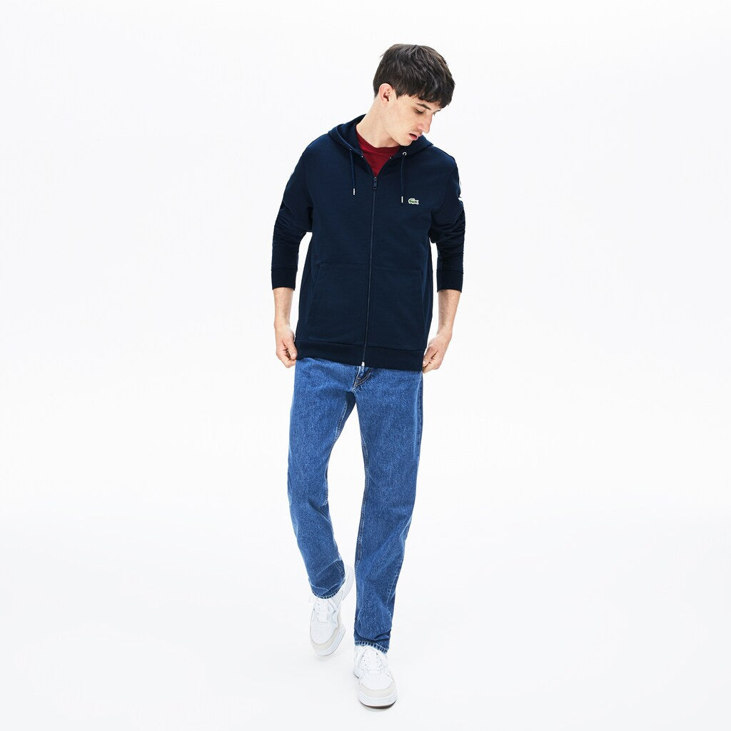 Mens   Striped-Sleeve Hooded Zip Fleece Sweatshirt | Lacoste Navy Blue • 166